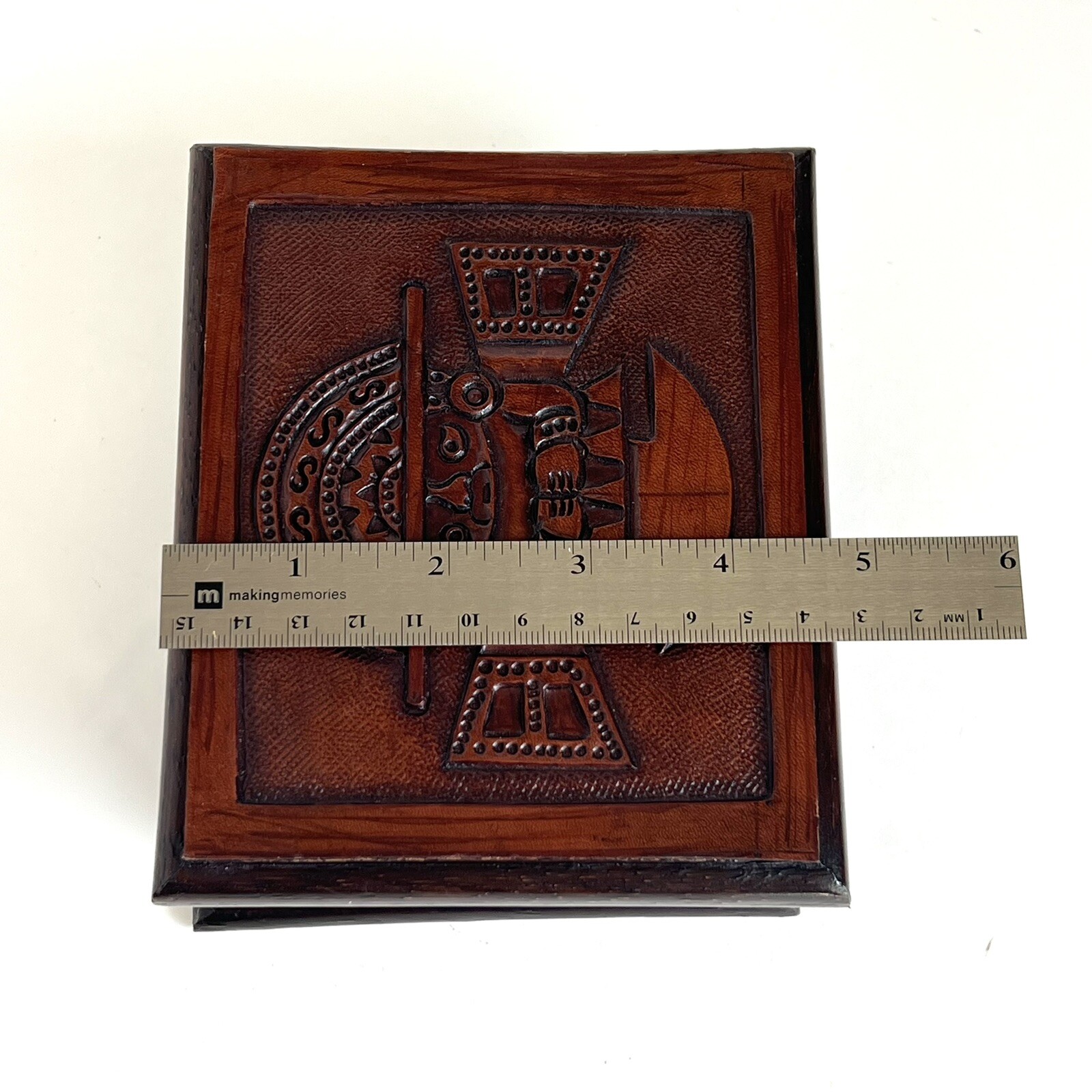 Engraved Wood Jewelry Trinket Box Peruvian Inca God of Creation With Mirror 5.5