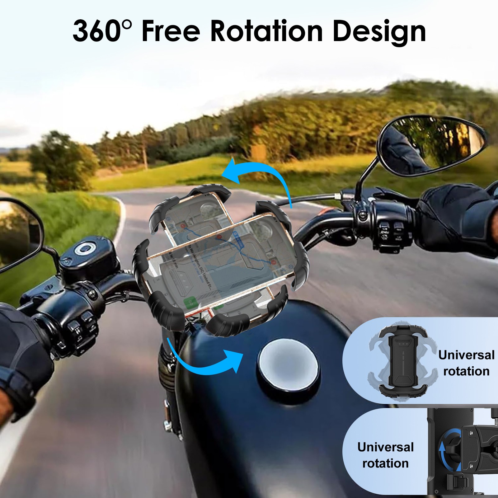 360°Rotation Motorcycle Phone Mount Double Lock Anti-Shake Bike GPS Phone Holder
