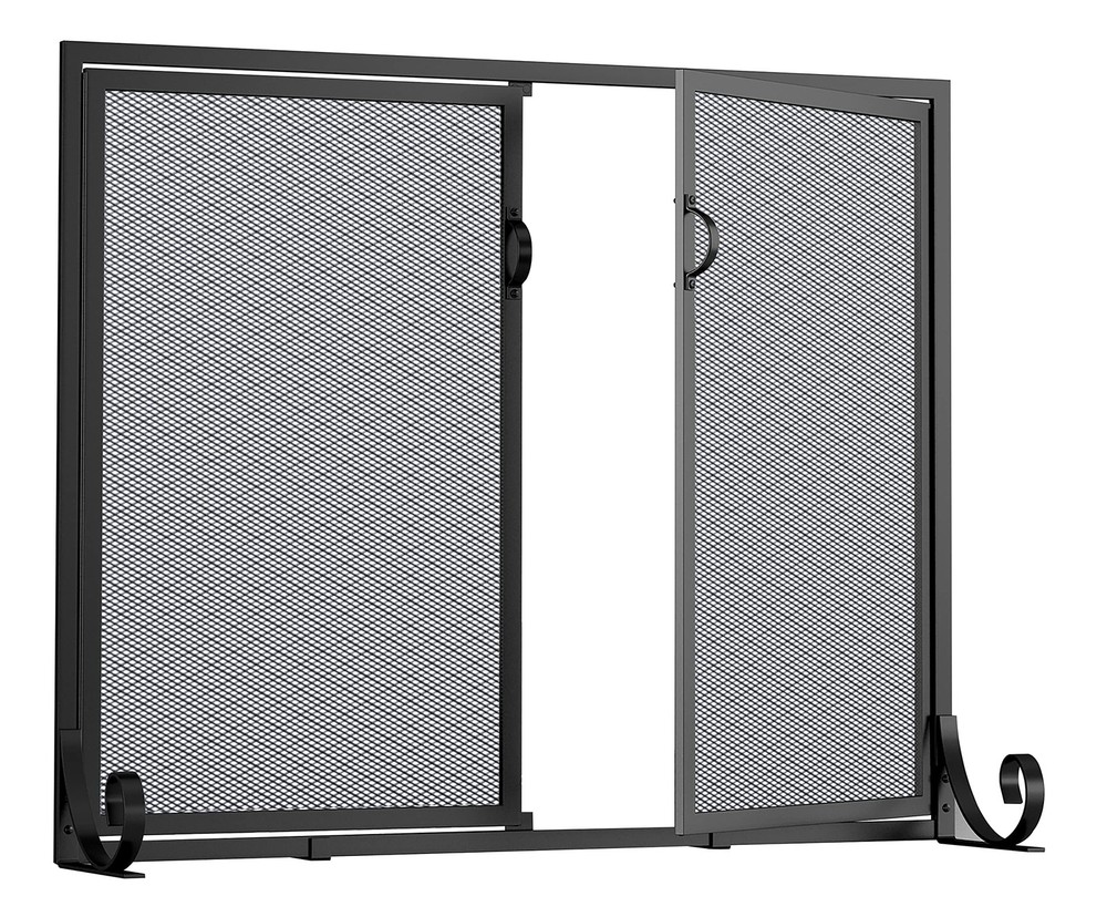 Fireplace Screen with Hinged Doors, Coated Steel Frame, Metal Mesh, Handcraft...