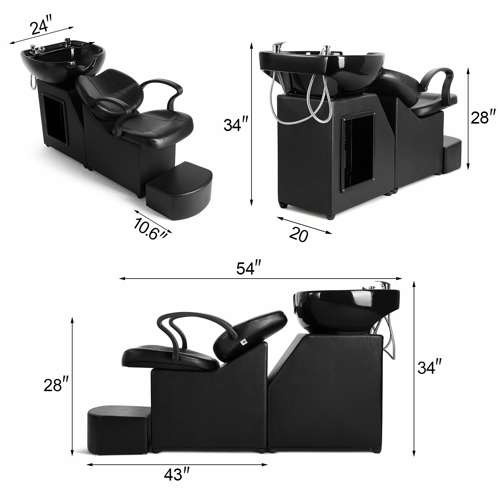 Barber Backwash Unit Shampoo Chair Ceramic Bowl Sink Beauty Salon Spa w/Footrest