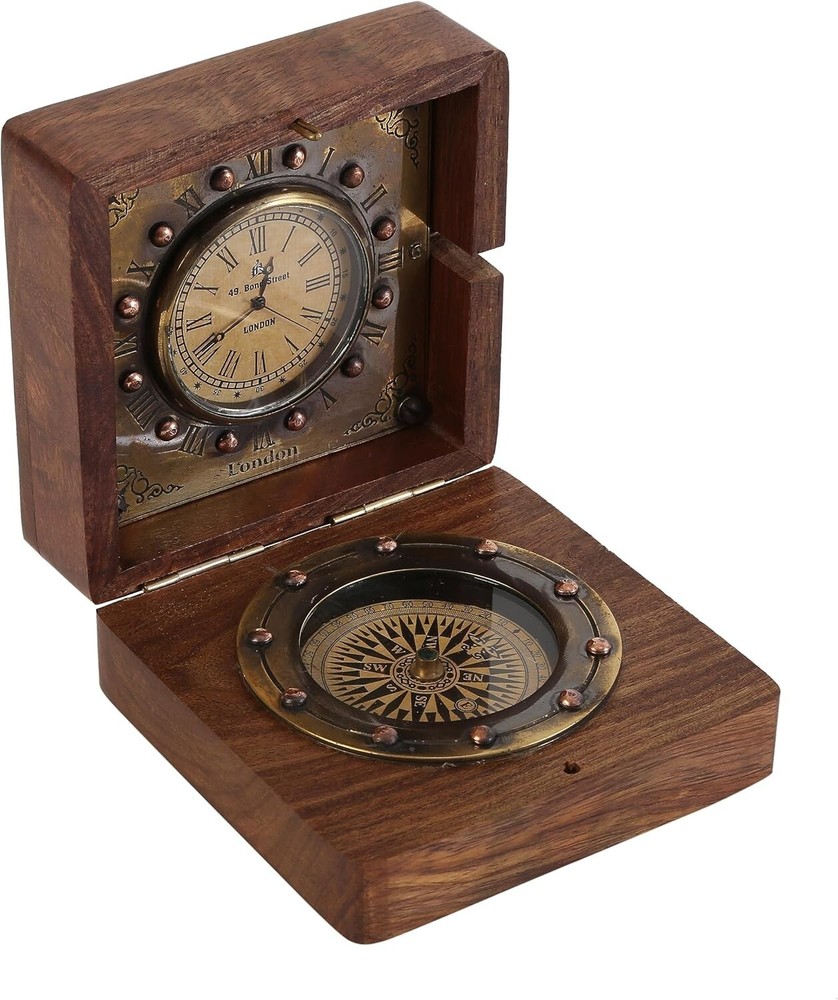 Handmade Authentic Clock Compass in Rose Wood Box.