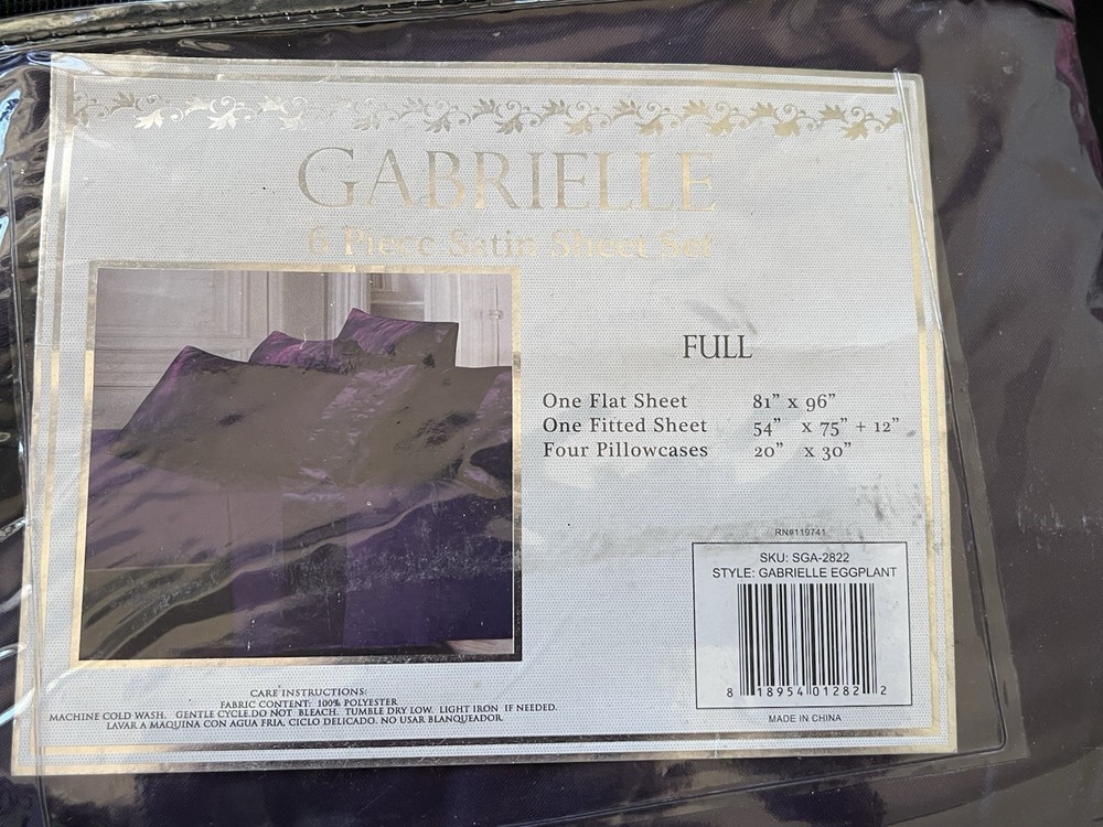 Gabrielle Satin 6-Piece Purple Solid Polyester Full Sheet Set New Opened Package
