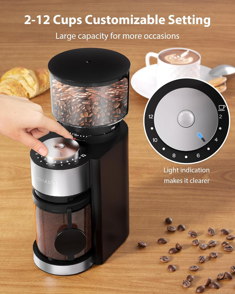 Conical Burr Coffee Grinder with 25 Settings and Timer, Black