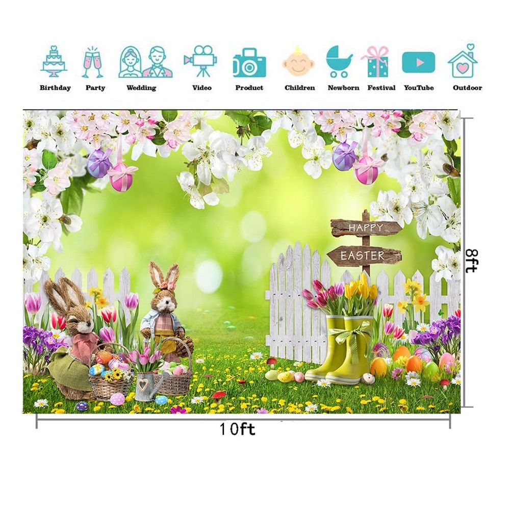 Easter Photo Backdrop Spring Flowers Colored Egg Rabbit Background 7x5 FT