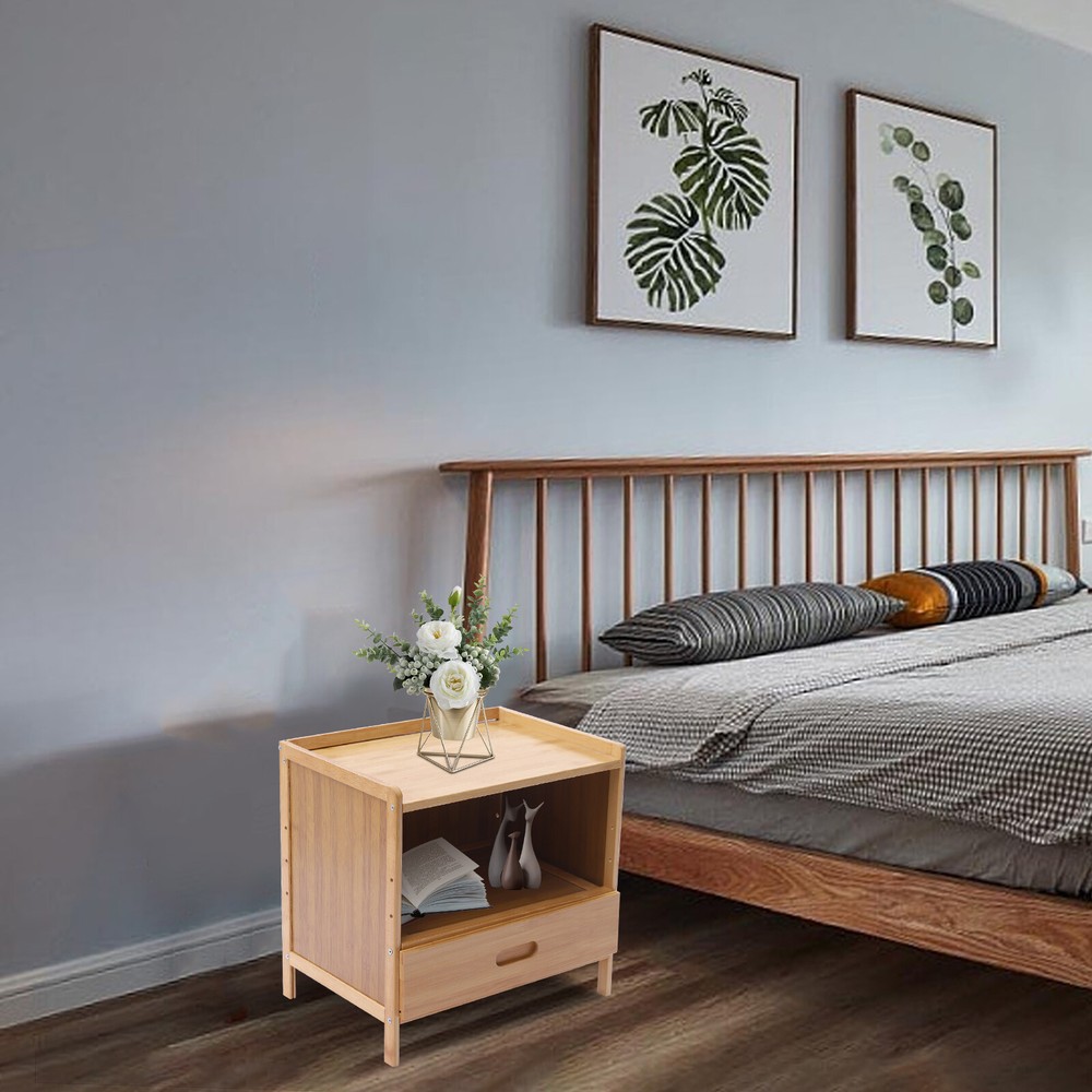 Bedside Nightstand End Table+Drawer— Bedroom Storage Organizer Side Table Bamboo