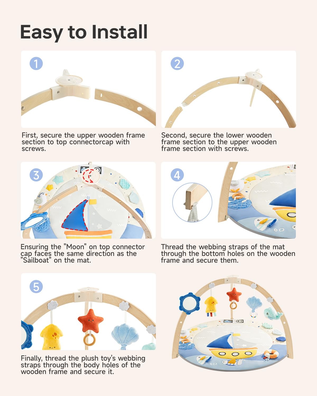 Baby Play Gym Activity Mat, 5 Developmental Zones Wooden Tummy Time Mat with ...