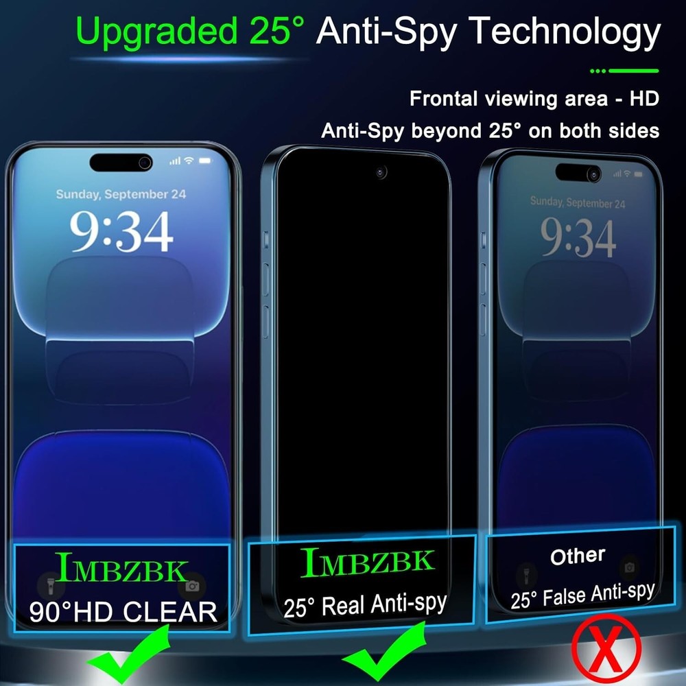 3 Pack iPhone 16 Plus Tempered Glass Anti Spy Screen Protector & Camera Lens