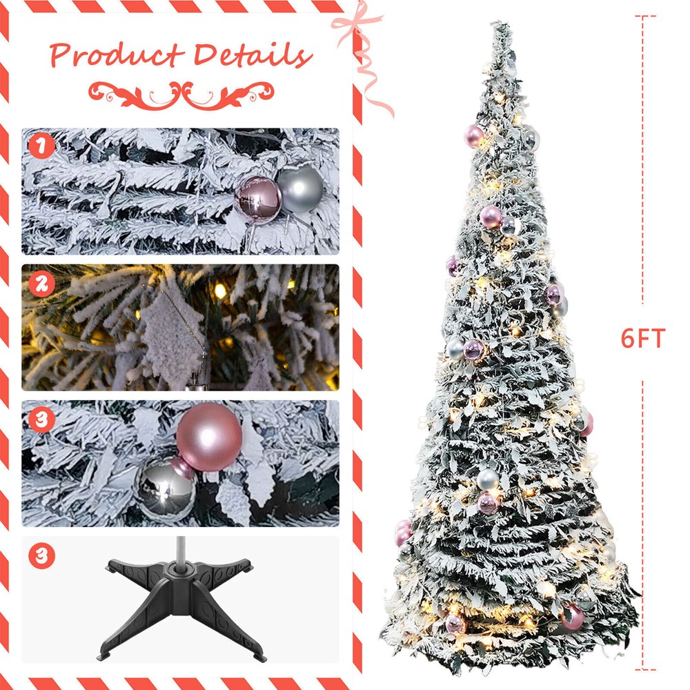 Pre-Lit Tree 6FT Artificial Foldable Snow Flocked Christmas Tree Home Decor