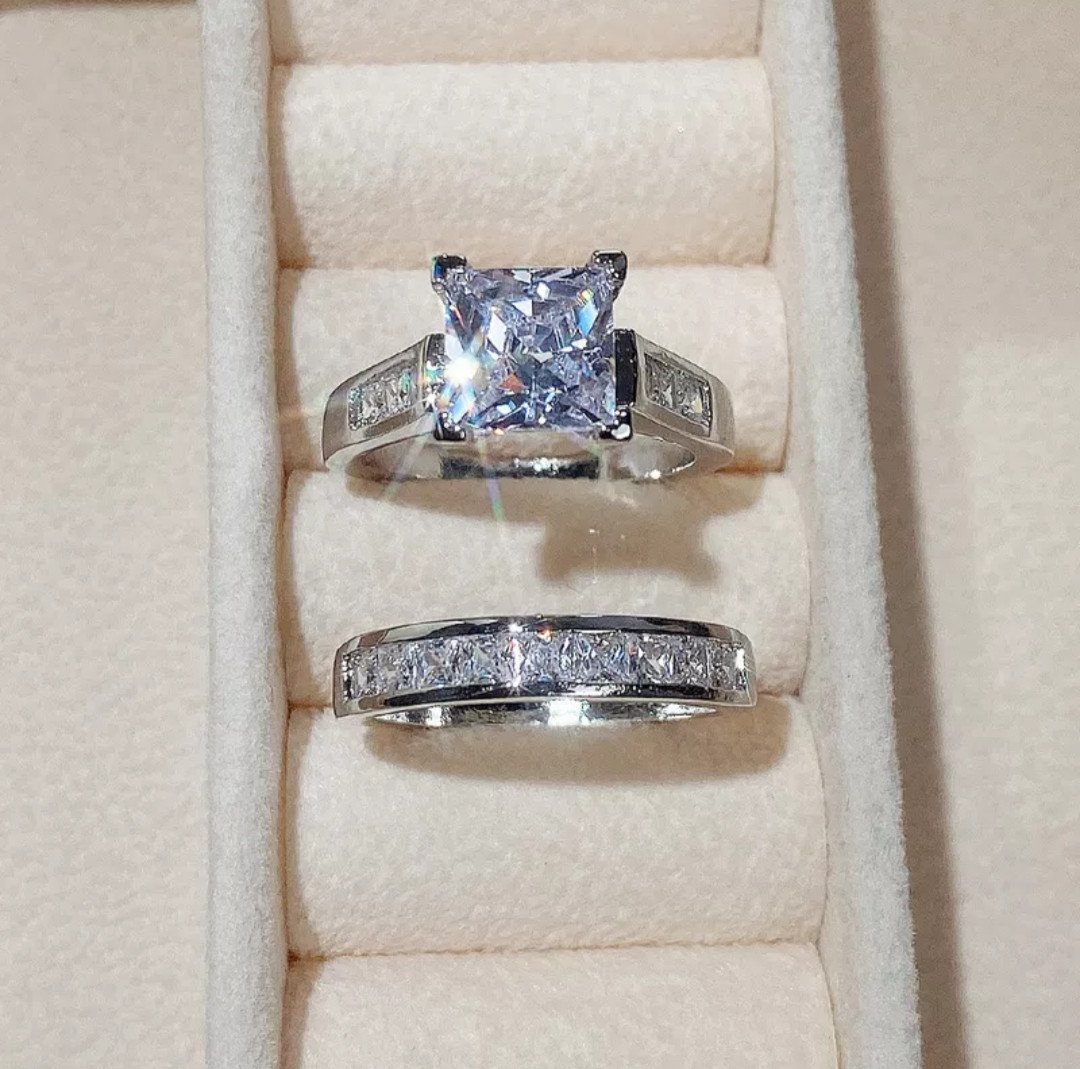 Stainless Steel Wedding Ring Set for Women Square Zirconia Size 8