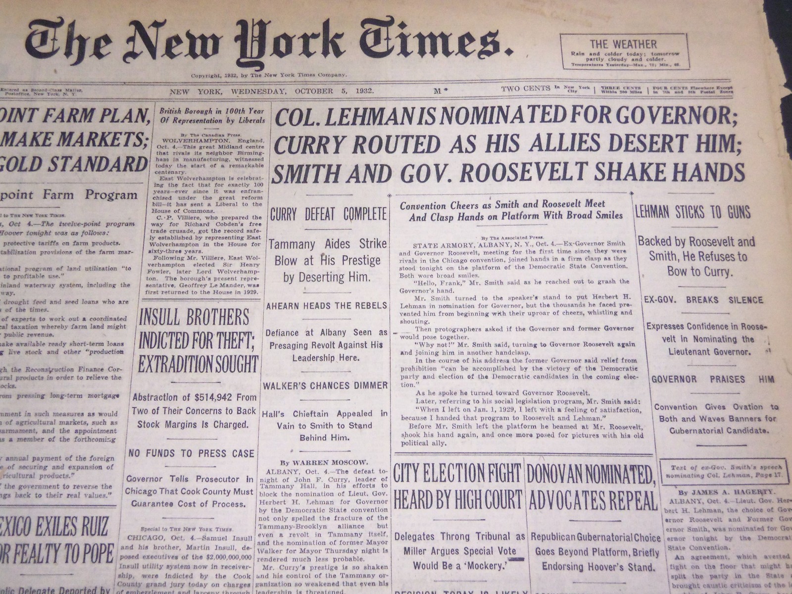 1932 OCTOBER 5 NEW YORK TIMES - LEHMAN IS NOMINATED FOR GOVERNOR - NT 4980