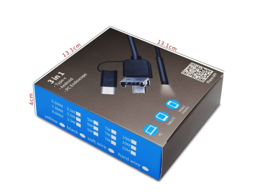 7cm 3-in-1 Borescope 1m Hard Cable Adjustable Brightness For TypeC+USB+Micro USB