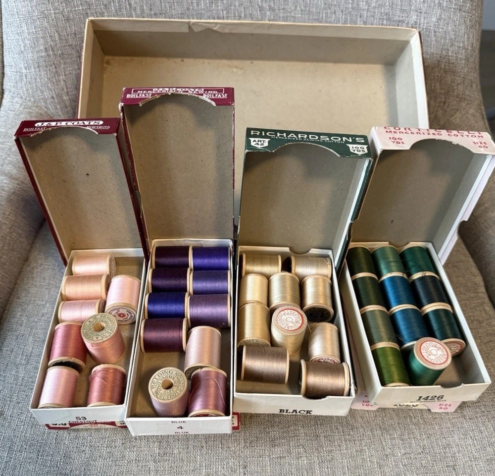 Vintage Sewing Supplies Lot Thread Spools Boxes Artemis Underthings Display Box