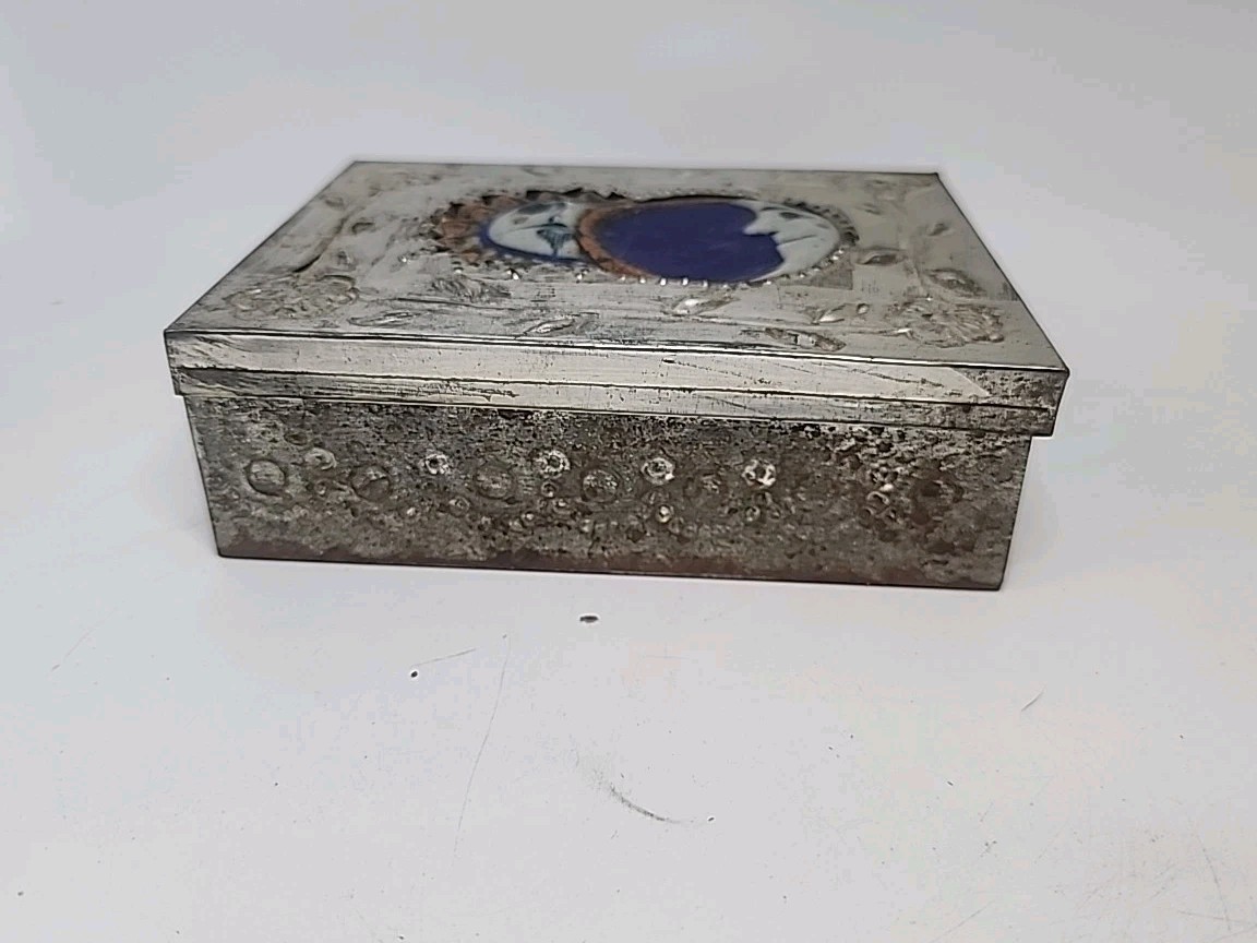 Vtg Mex. Folk Art Hand Painted Stone Pottery Aztec/Mayan Sun & Moon Trinket Box