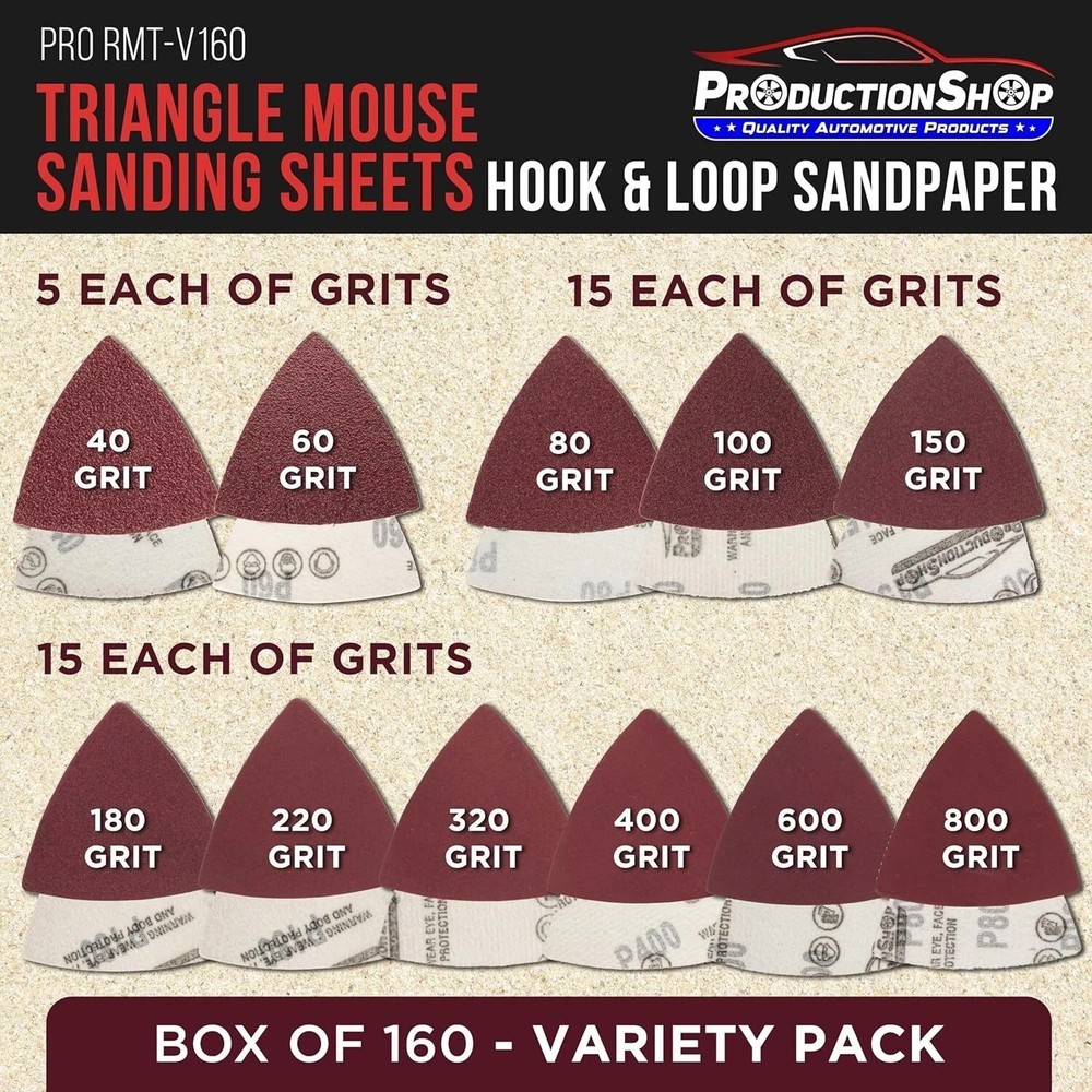 160 Pack Triangle Mouse Detail Sander Sandpaper Sheets Assorted Grits Oxide