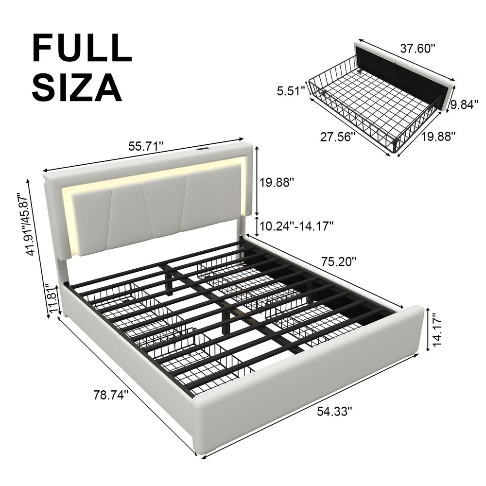 Full/Queen Bed Frame with 4 Storage Drawers and LED Lights