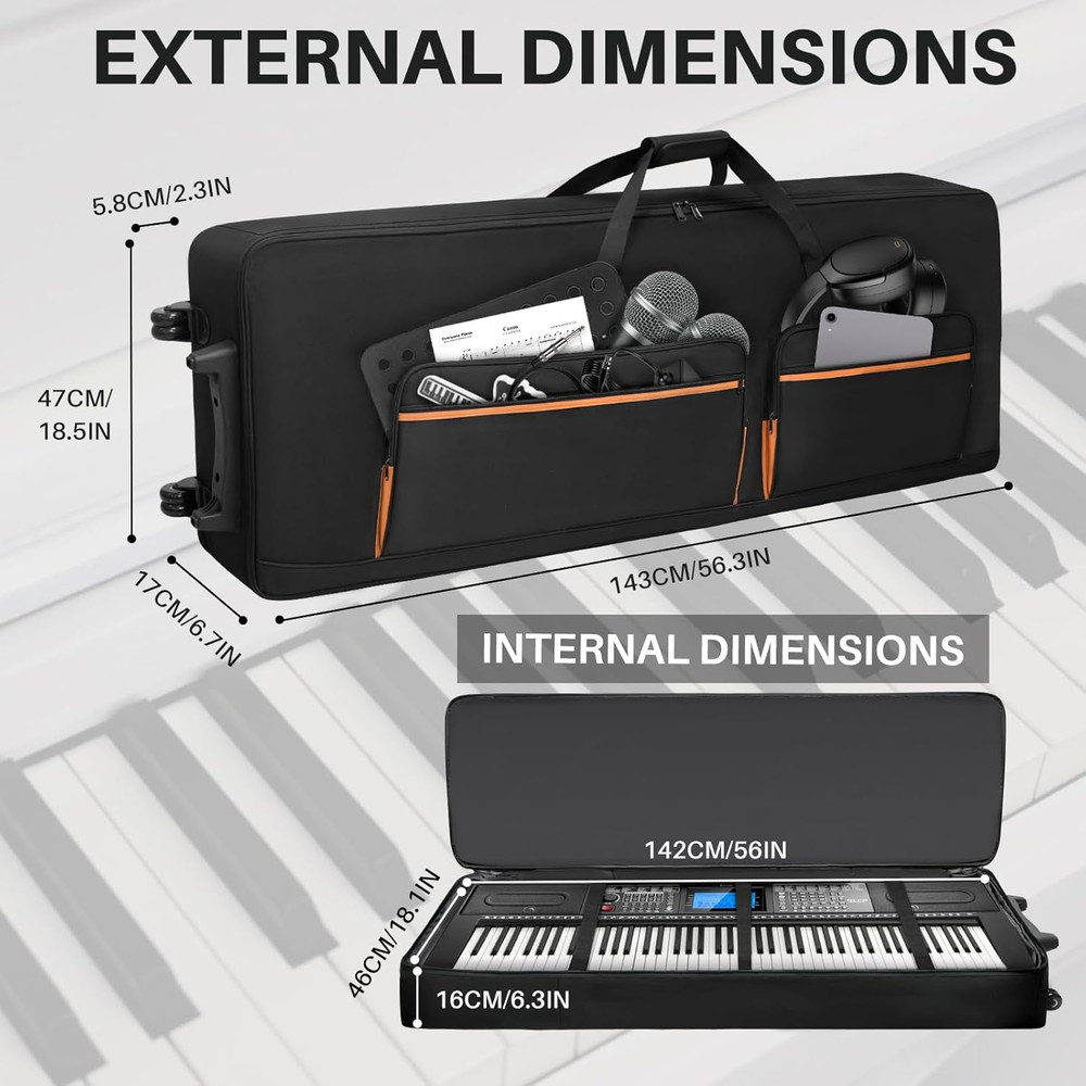 88-Key Keyboard Case with Wheels & Adjustable Shoulder Straps– Padded Rolling Gi