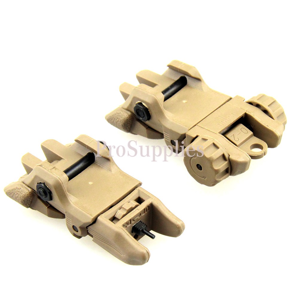 TAN Polymer Flip Up Folding Auto Deploy Front & Rear BUIS Back Up Sight Set