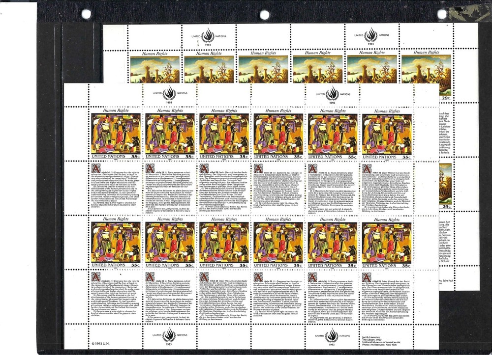 1993 HUMAN RIGHTS (2 Full Sheets) - New York Office - Mint Never Hinged