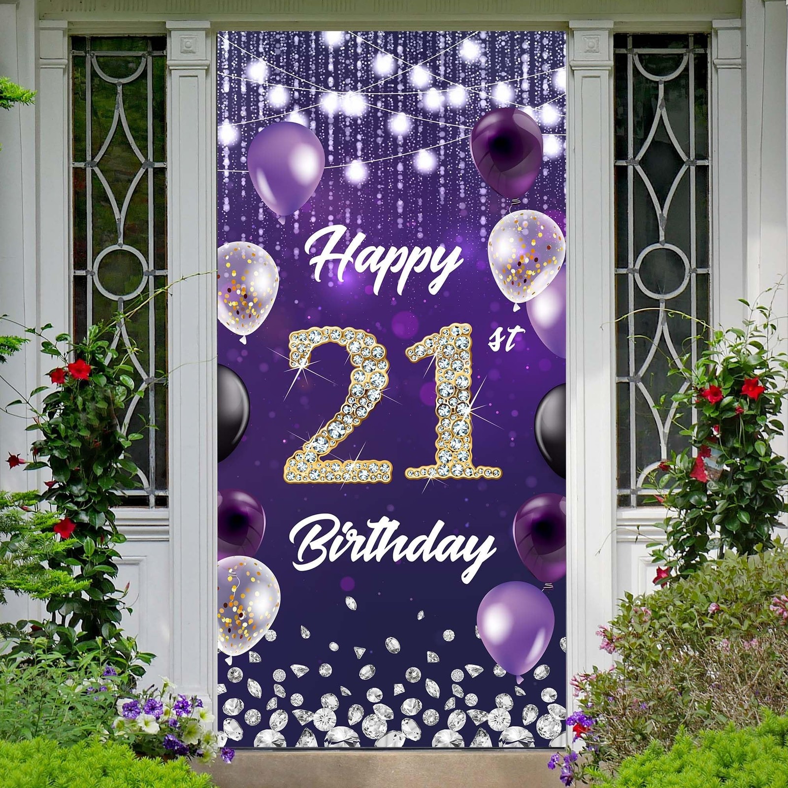 Happy 21st Birthday Backdrop Banner Purple Theme Background with Shiny Diamon...