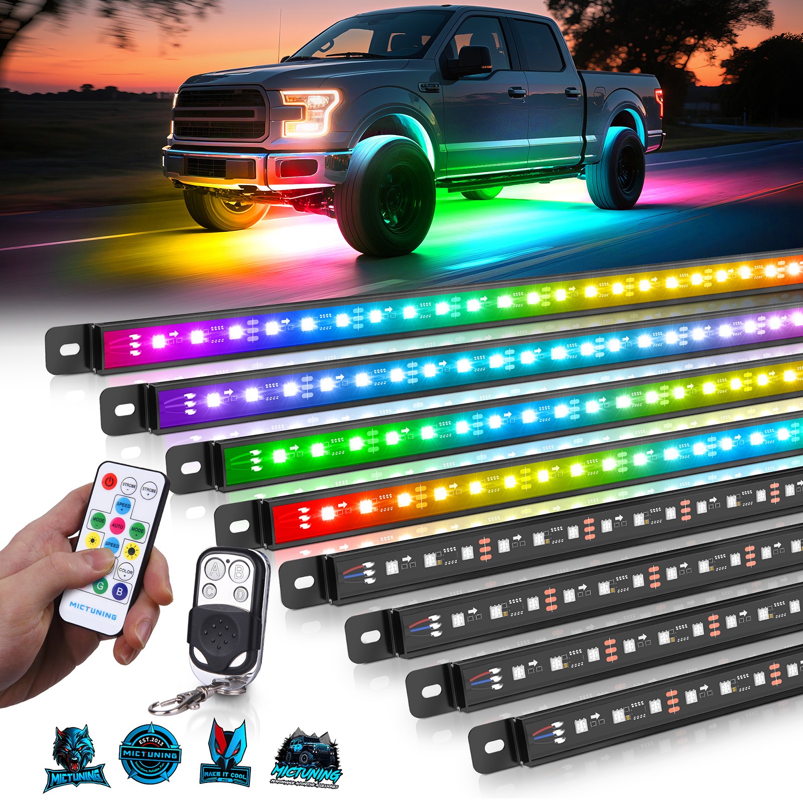 8Pcs RGB+IC Underglow LED Light Bar Car Exterior Neon Kit Underbody Light Strip