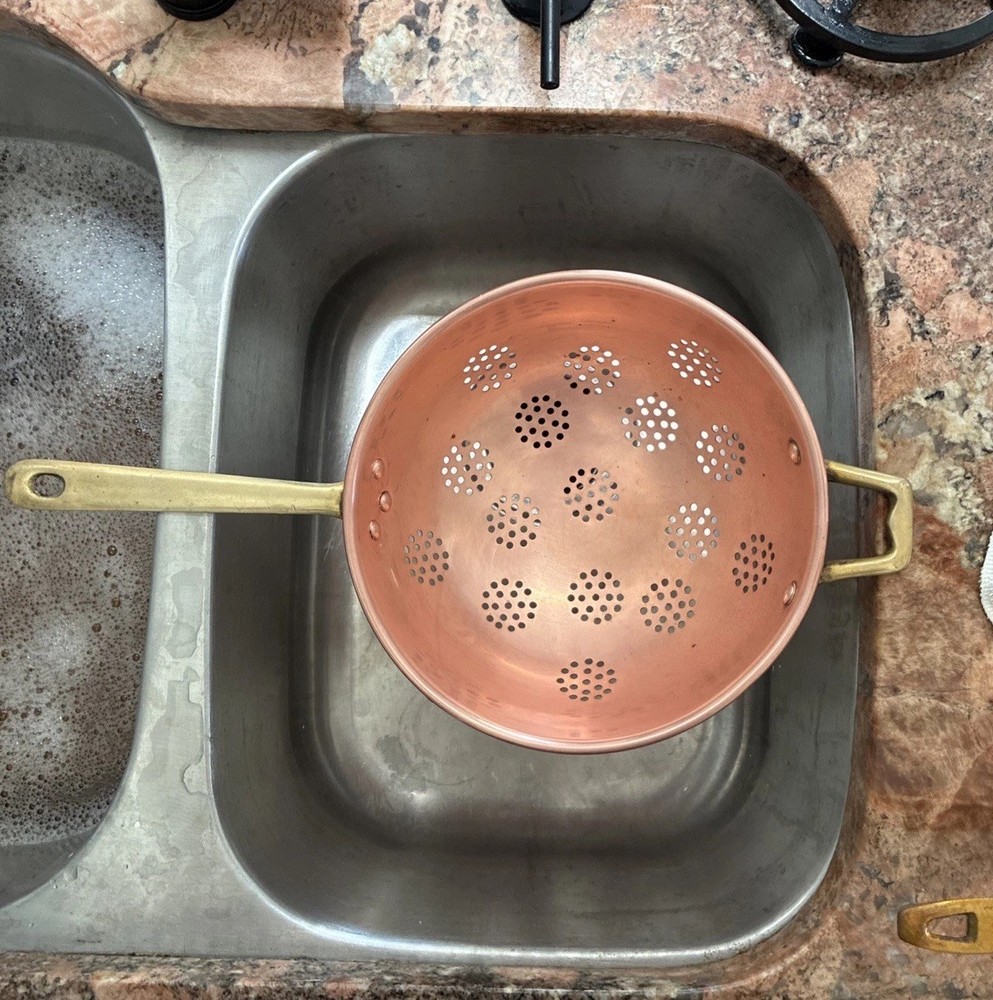 Large 9” Copper colander Cobre Chili solid Brass Accents Signed 6.5” Handle