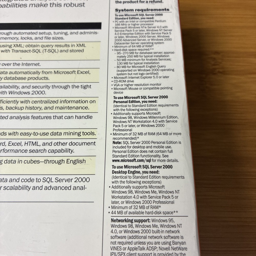 Microsoft SQL Server 2000 Standard Edition (includes 5 Client Access) New Sealed