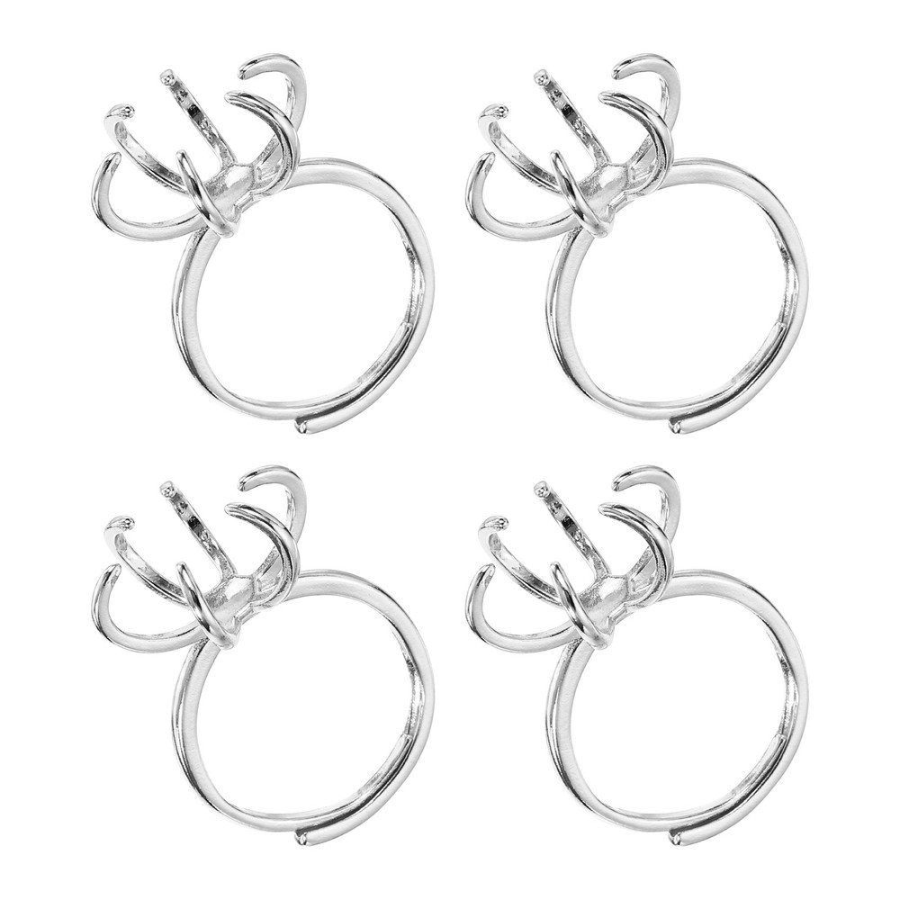 4Pcs Adjustable Prong Ring Settings for DIY Jewelry Making, Silver White