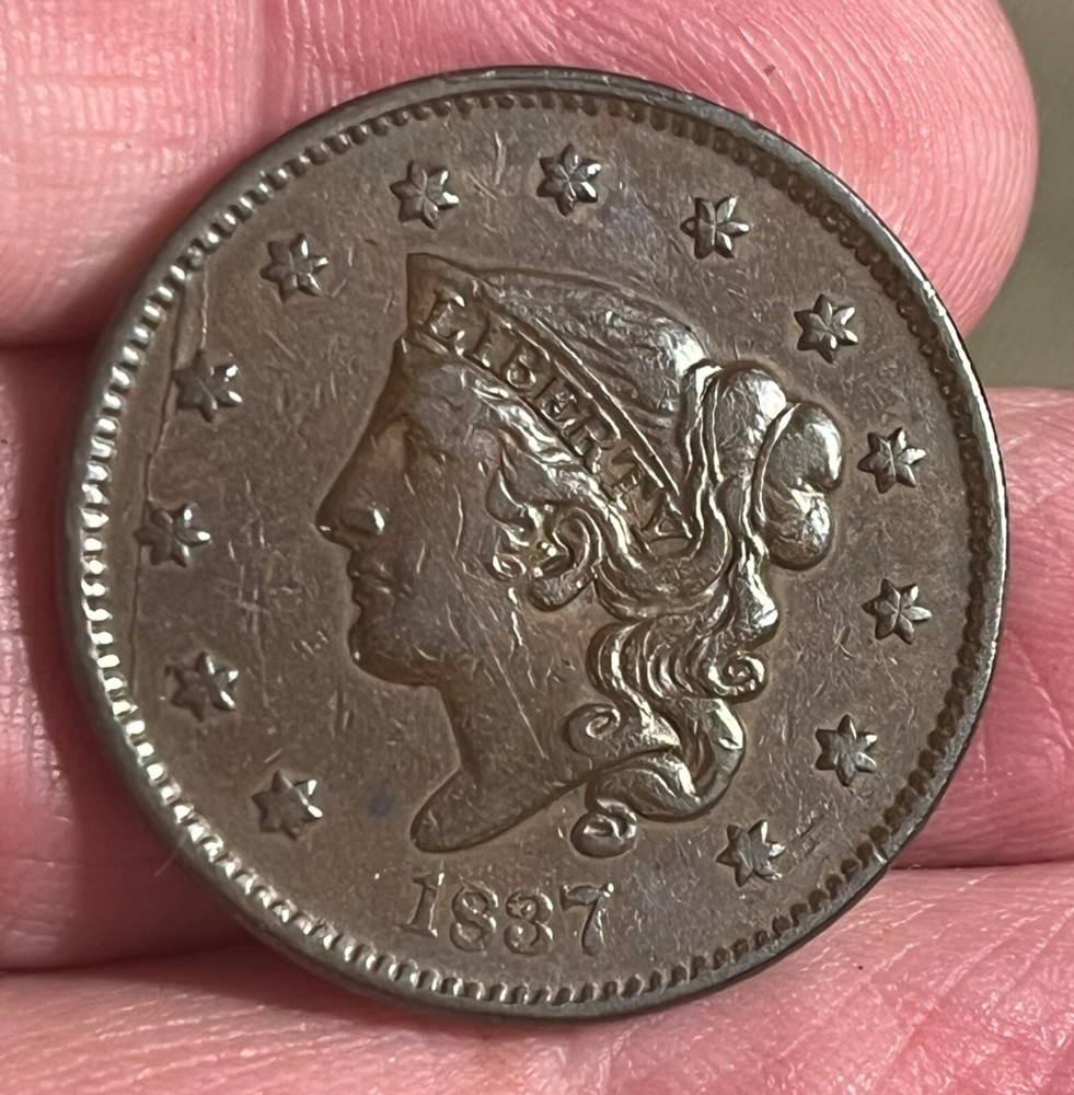 1837 large cent,  plain cord, medium letters reverse, Die crack obverse. XF