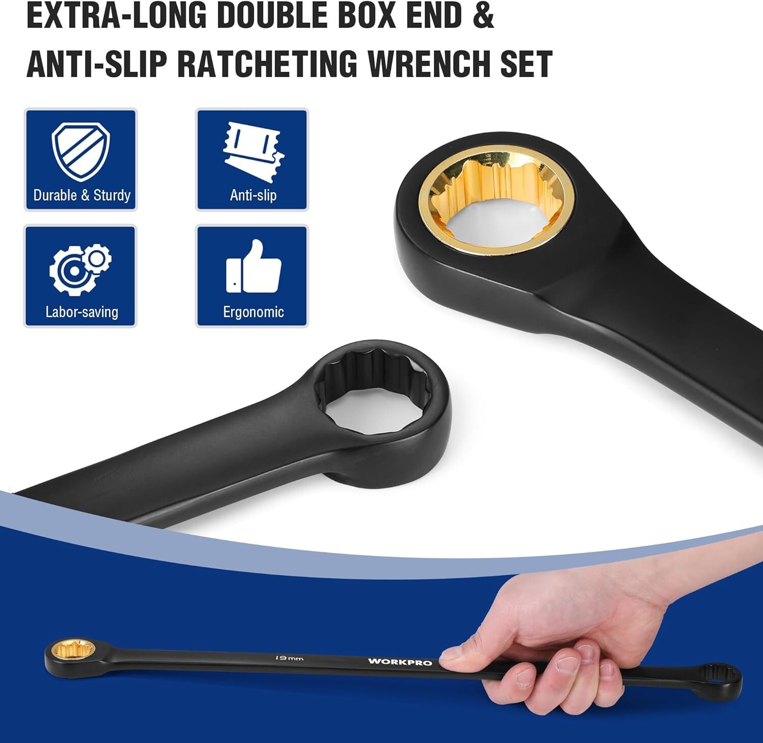 WORKPRO Extra Long Ratcheting Wrench Set-10PC Combination Anti-Slip Metri-8-19mm