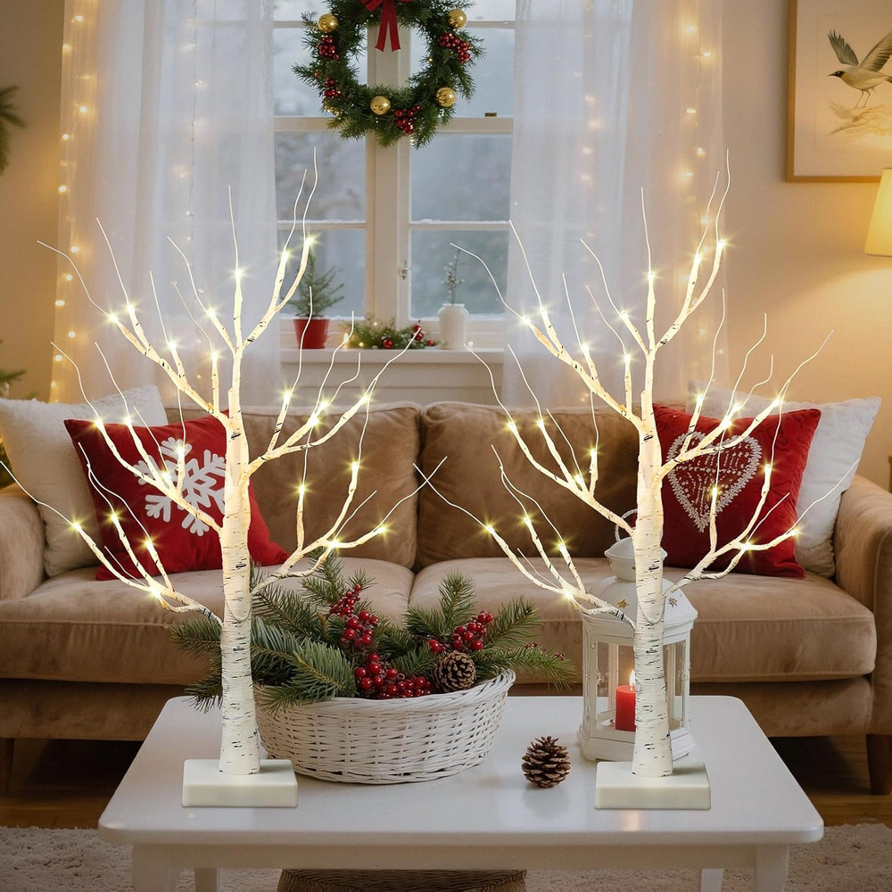 Valentines Day Decorations Indoor,2 Pack 2 FT White Lighted Birch Tree with Led