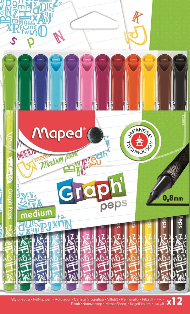 Maped - Graph'Peps Medium Tipped 0.8mm Fine Line Triangular Felt Pens - 12 Pack