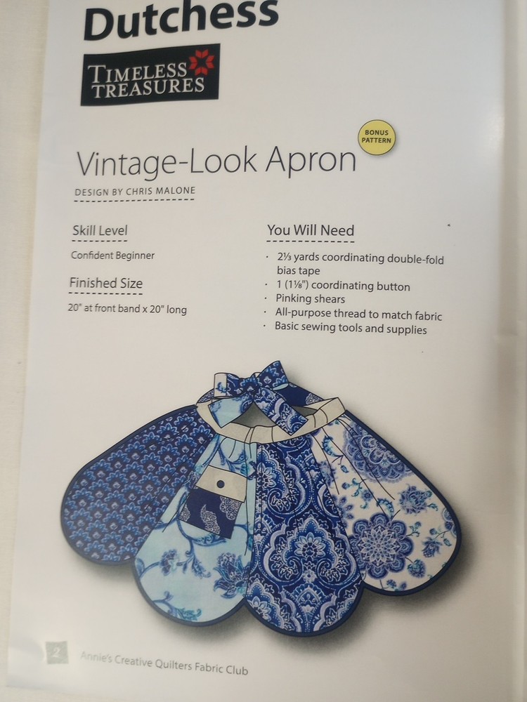 Dutchess Collection By Timeless Treasures Vintage-Look Apron Pattern...