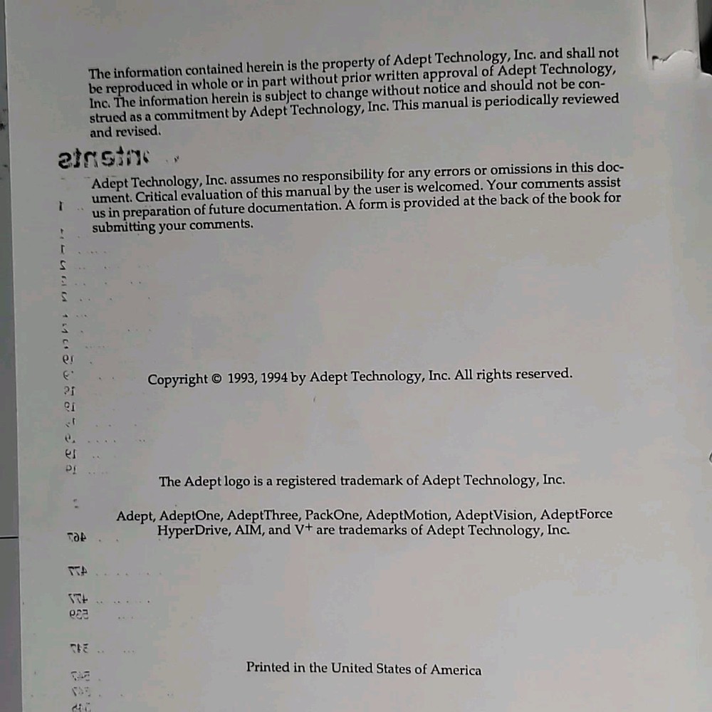 Adept Technology V+ Language Version 11.0 User's Reference Guide Binder 1994 V