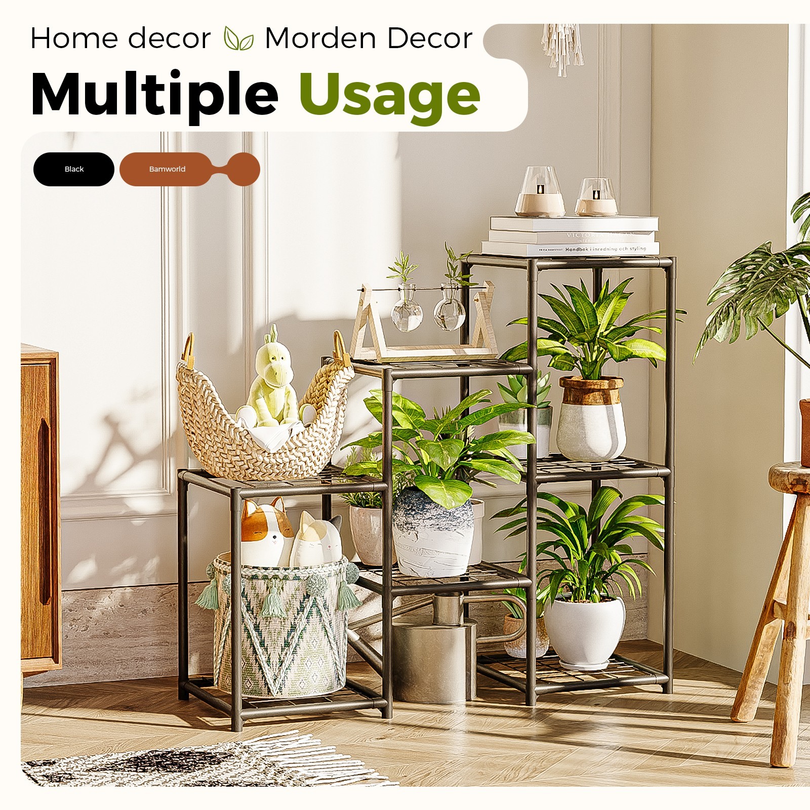 Bamworld Black Plant Stand Outdoor Metal Plant Shelf 3 Tiers Ladder Plant Holder