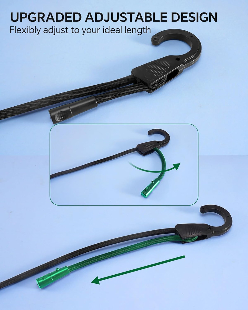 18" 36" 60" 80" Adjustable Bungee Cords Assorted Sizes with Hooks, Black Bungee