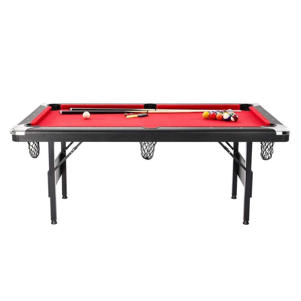 Stylish 6.3ft Pool Table Black Cabinet Red Playing Surface Foldable Support