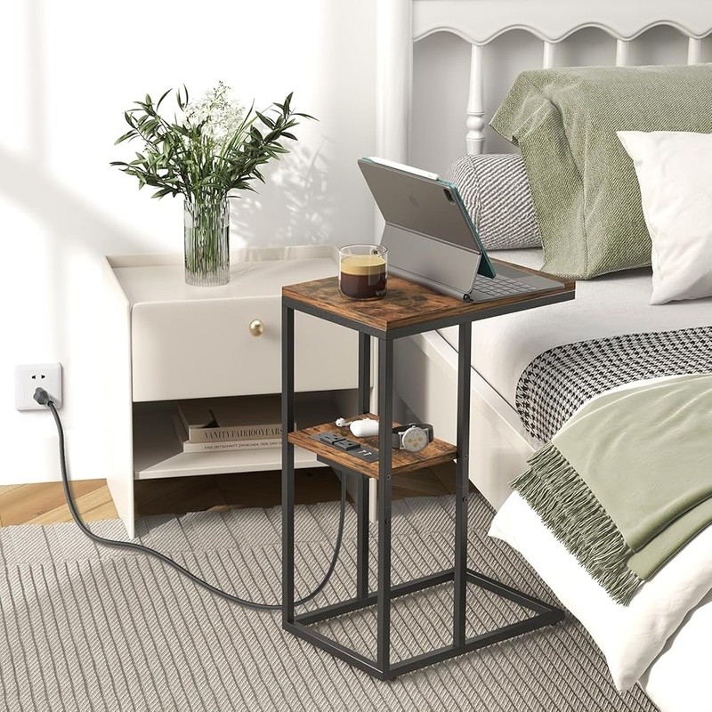 C Shaped Side Table W/ Charging Station 2 USB Ports 2 AC Outlets Easy Assembly