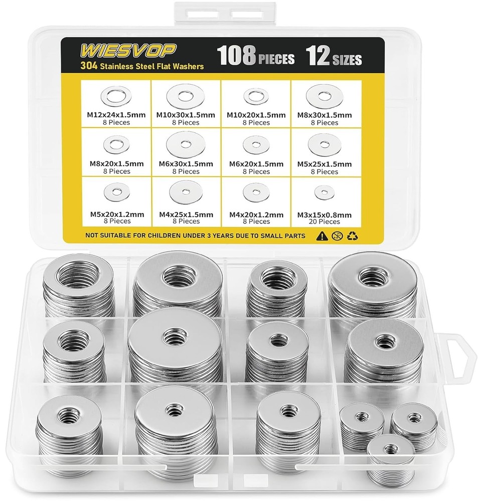 Durable 108Pcs Flat Washers Set: Corrosion Resistant, M3-M12 Sizes Available