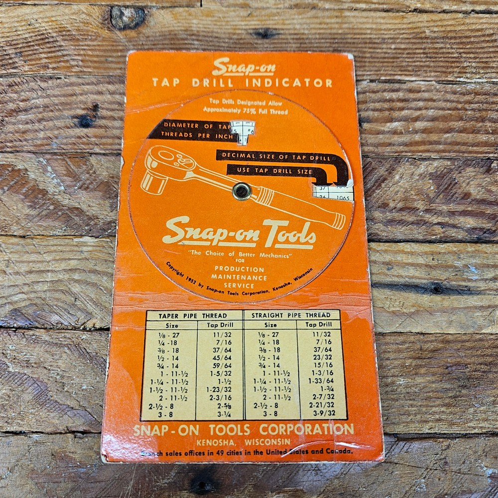 1952 Snap-on Tools 5-52 Tap Drill Size Indicator Circular Round Slide Rule Chart