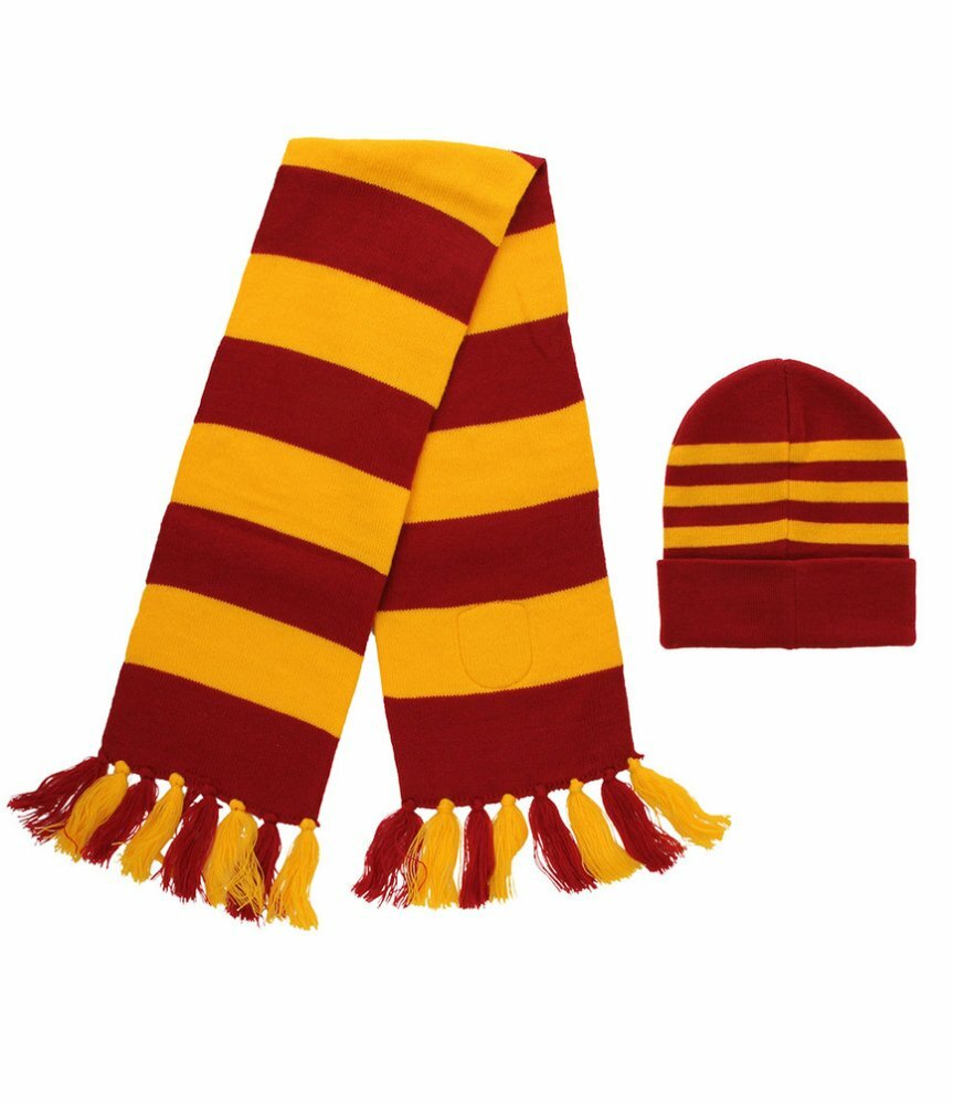 Harry Potter HOGWARTS KNIT HAT SCARF SET Red Yellow Gryffindor Hermione LICENSED