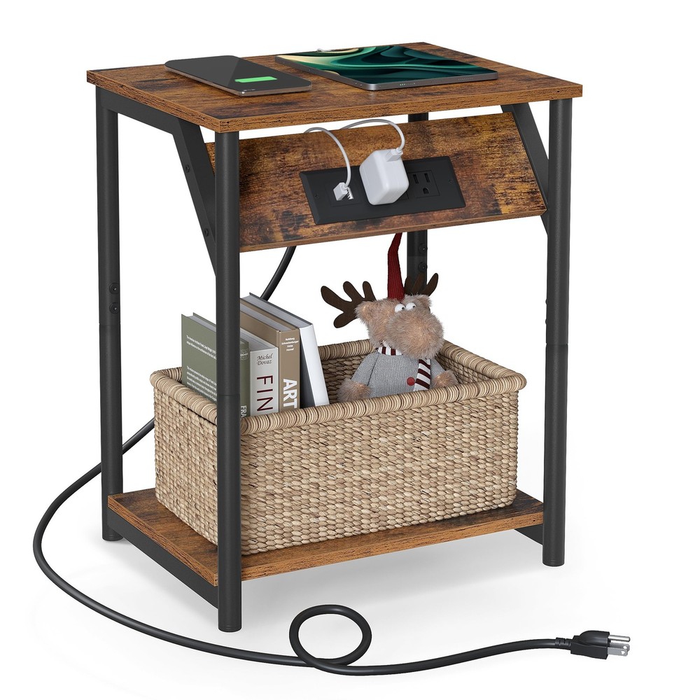 End Table Charging Station Small Side Table Nightstand USB Outlets Brown