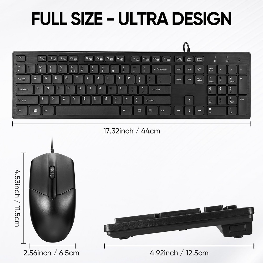 Black Wired Ergonomic Keyboard Optical Mouse Combo FullSize USB Desktop