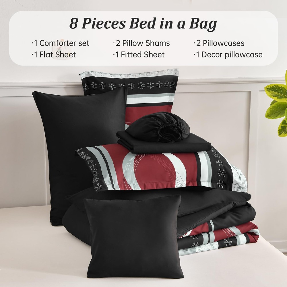 Comforter Set Size, 8 Pieces Striped Bed in a Bag, Patchwork Burgundy Queen