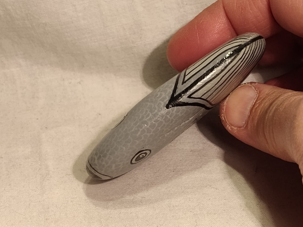 Hand Painted Stone Rock Gray Fish Signed
