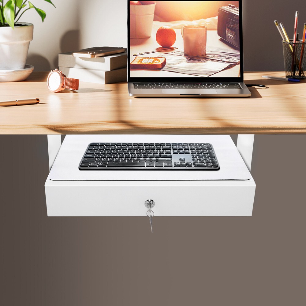 Under Desk Mounted Sliding Pull-out Storage Drawer With Computer Pad White USA