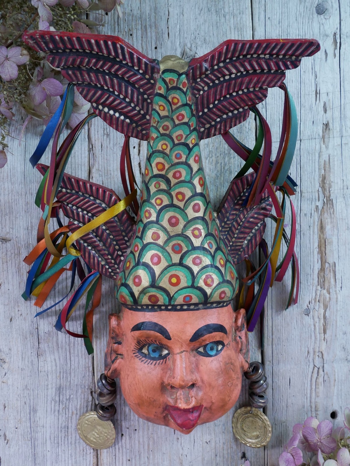 Merman Face & Fish Tail Mask Wood Hand Carved Painted Guerrero Mexican Folk Art