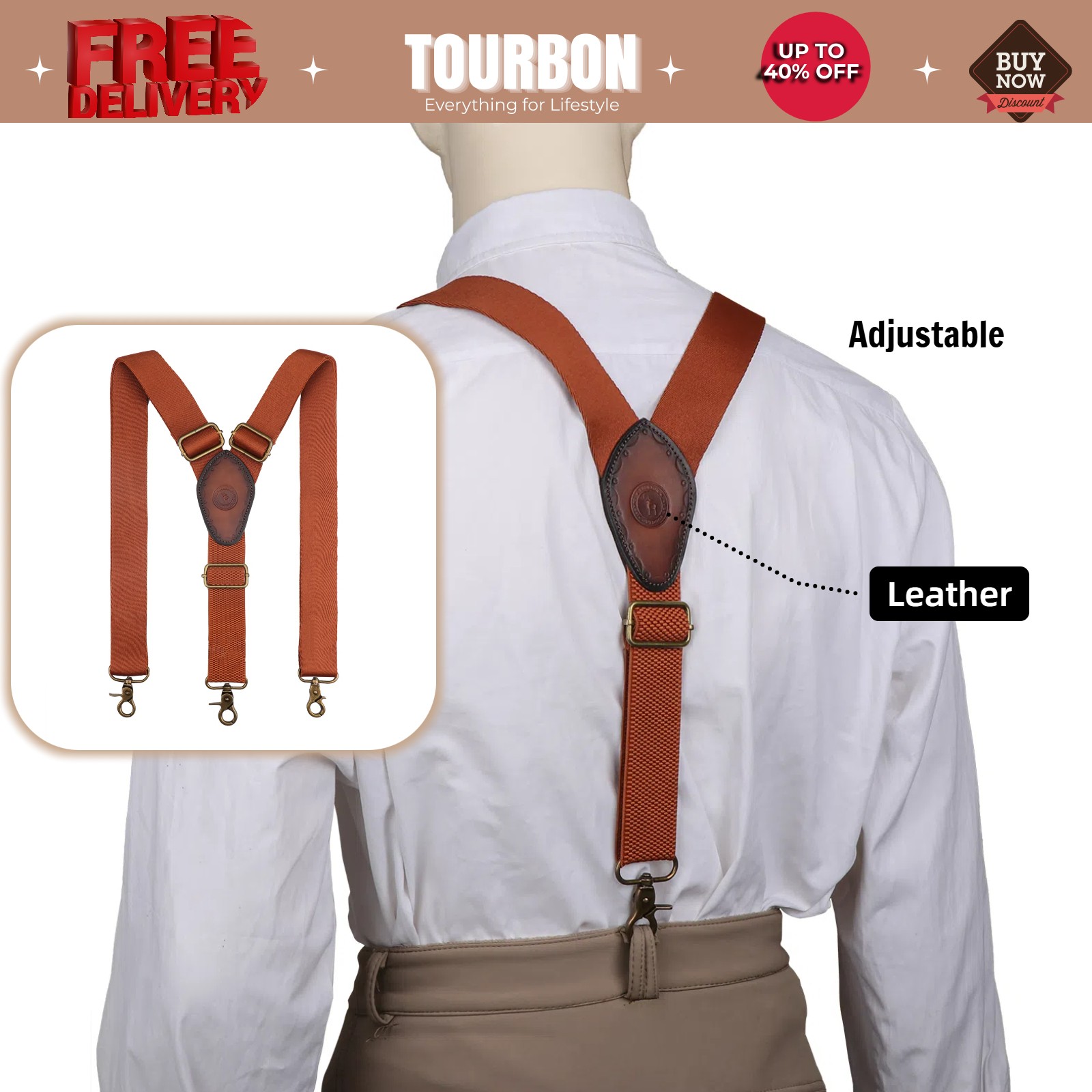 Tourbon Men's Suspenders Y Back Adjustable Y-Shaped Hooks Pants Braces Nonslip