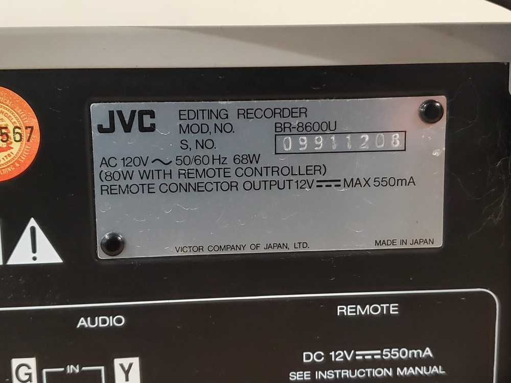 JVC Model BR-8600U Vintage Editing Deck Untested - Ejects Tape