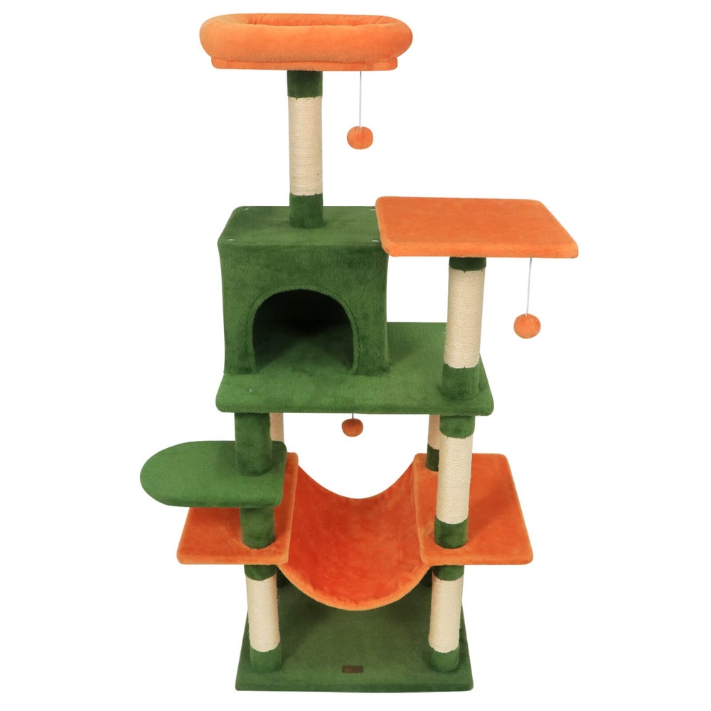 58” Tall Multi-level Cat Tree w/Upholstered Perch & Cat Condo, Comfy Hammock
