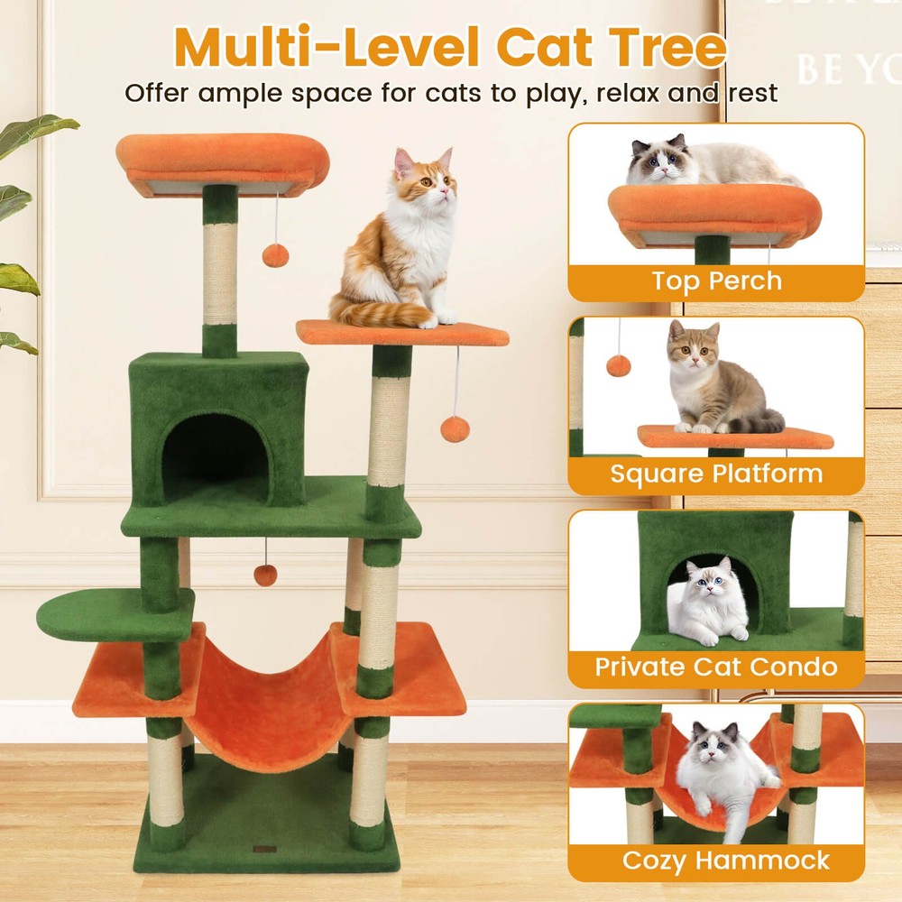 58” Tall Multi-level Cat Tree w/Upholstered Perch & Cat Condo, Comfy Hammock
